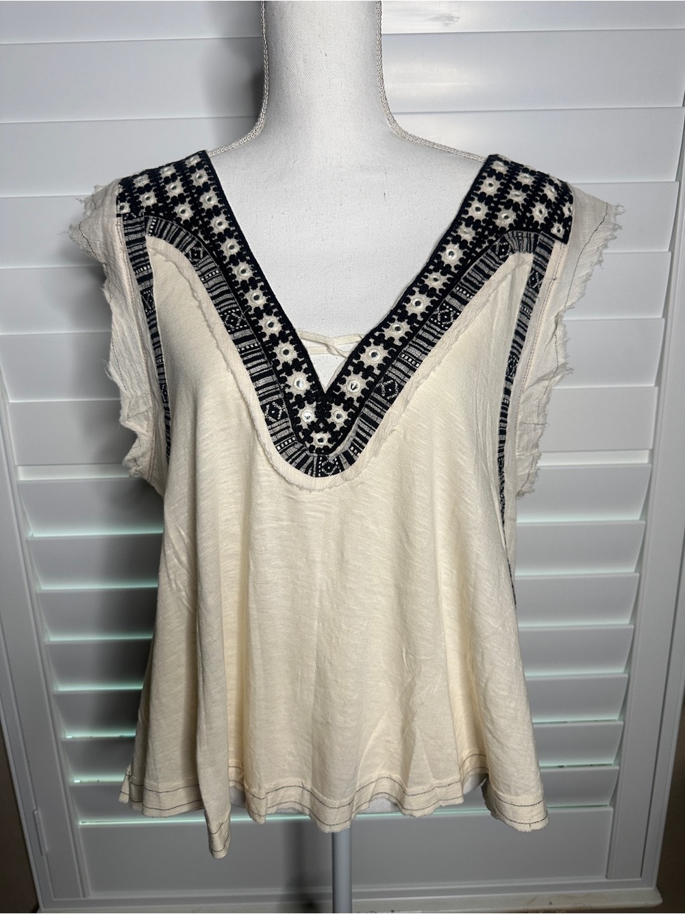 Free People Cream Tank with Black Embroidered V-Neck Size L